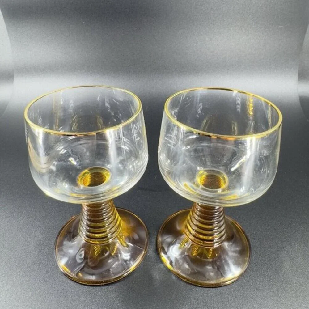 Vintage Roemer Glasses Cups Beehive Stems Glasses Set 2 Flashed‎ Amber Glass VTG